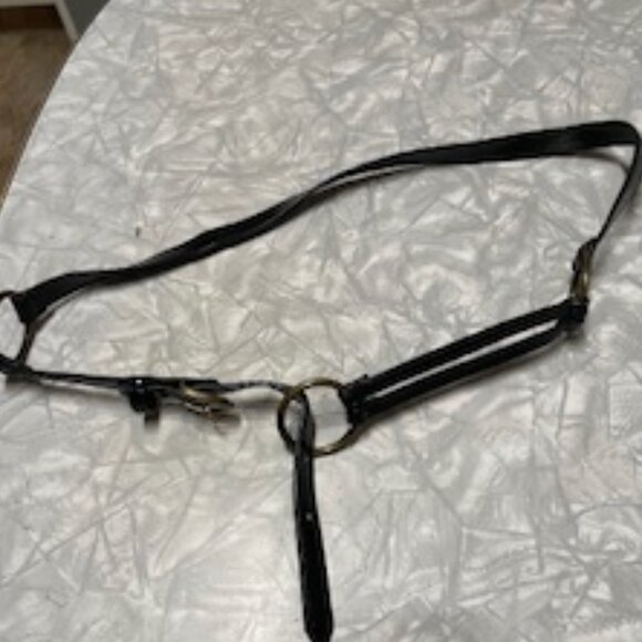 Faux Leather Skinny Belt Black Patent with Gold Rings Hardware - Picture 3 of 3